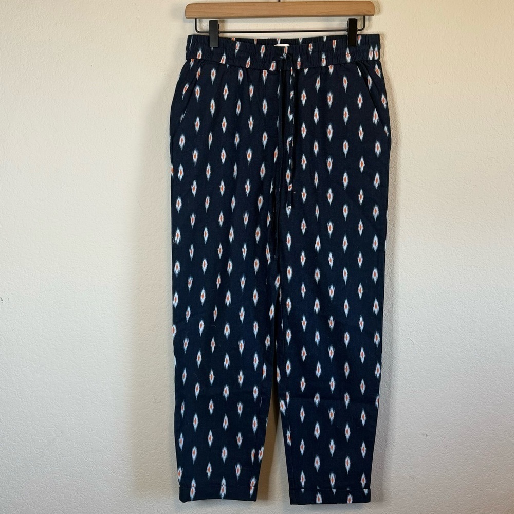 J Crew Ikat Navy Blue Linen Blend Drawstring Pull On Stretch Pants J0818 Size 2